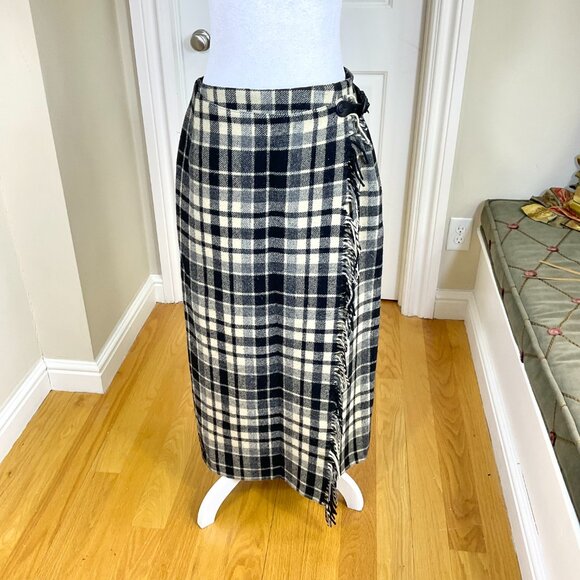 Eddie Bauer Skirt Wool Plaid Maxi Black Cream Wrap Fringe Leather Buckle (10) - Picture 2 of 9